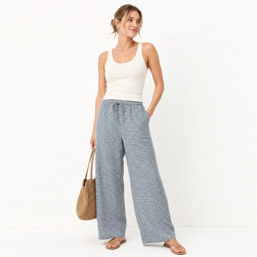 Reformation Blue White Gingham 100% Linen Wide Leg Drawstring Pants Womens Large